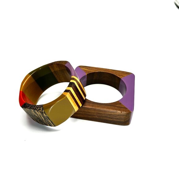 Jewelry - Vintage 1970s Lucite & Wood Bangles — Handcrafted Geometric Bracelets — EUC